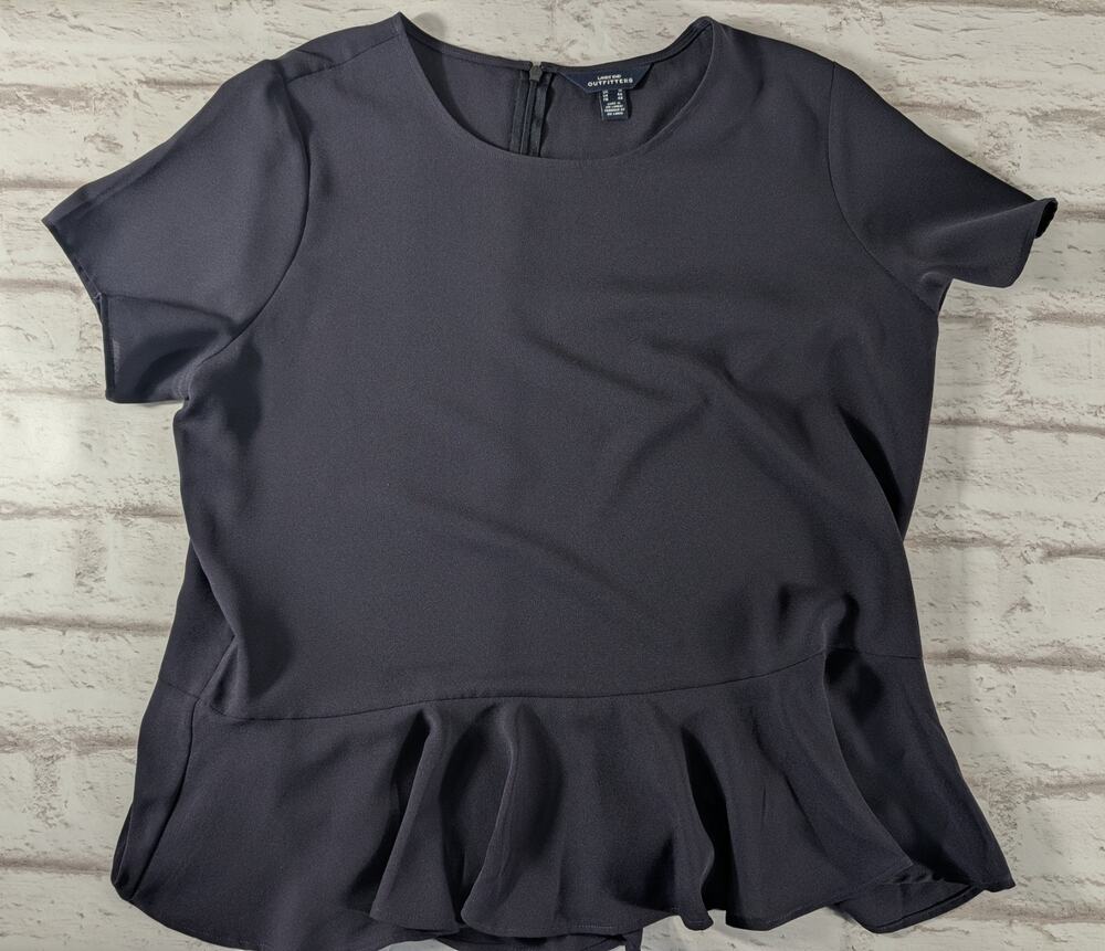 Lands End Peplum Blouse Womens 16 Black Short Sleeve Crew Neck Office Top